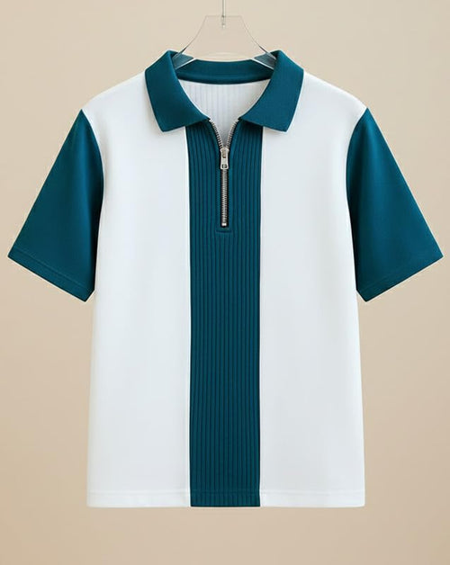 pullexter's Men's Textured Vertical Striped Knit Polo T-Shirt | Half Sleeve Zipper Neck Self-Design Casual Tee