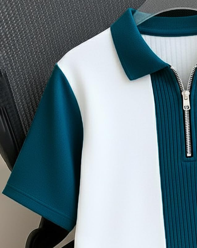 pullexter's Men's Textured Vertical Striped Knit Polo T-Shirt | Half Sleeve Zipper Neck Self-Design Casual Tee