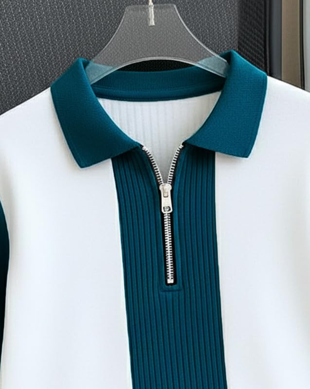 pullexter's Men's Textured Vertical Striped Knit Polo T-Shirt | Half Sleeve Zipper Neck Self-Design Casual Tee