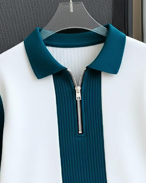 pullexter's Men's Textured Vertical Striped Knit Polo T-Shirt | Half Sleeve Zipper Neck Self-Design Casual Tee