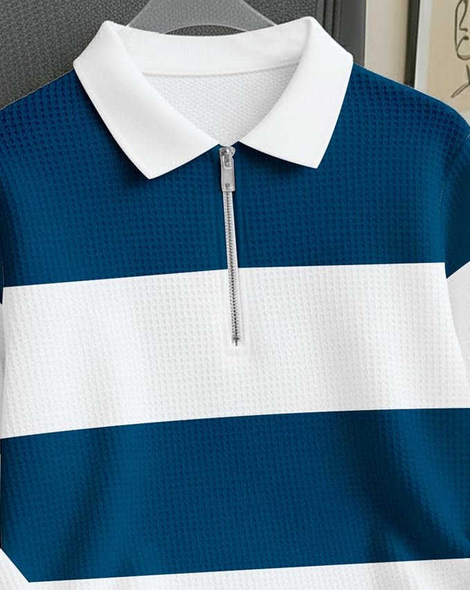 pullexter's Mens Stylish Half Zip Tshirt, Texture Striped Casual T-Shirt for Men